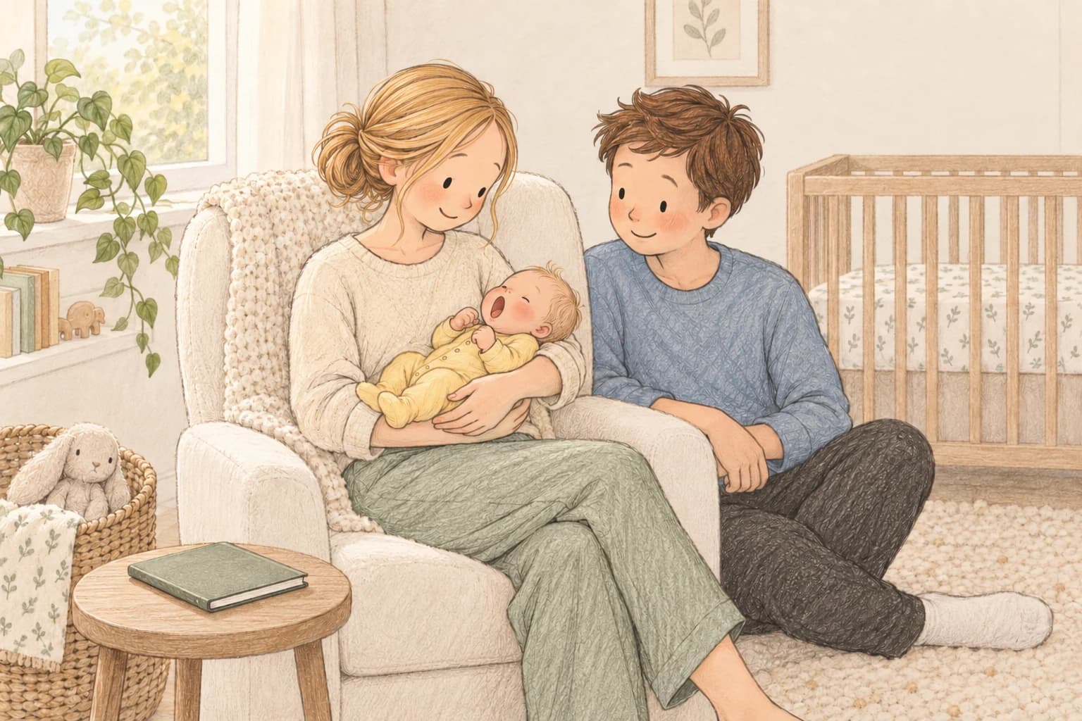 An awake mother supports her yawning newborn’s head and body while the father watches beside an empty crib.