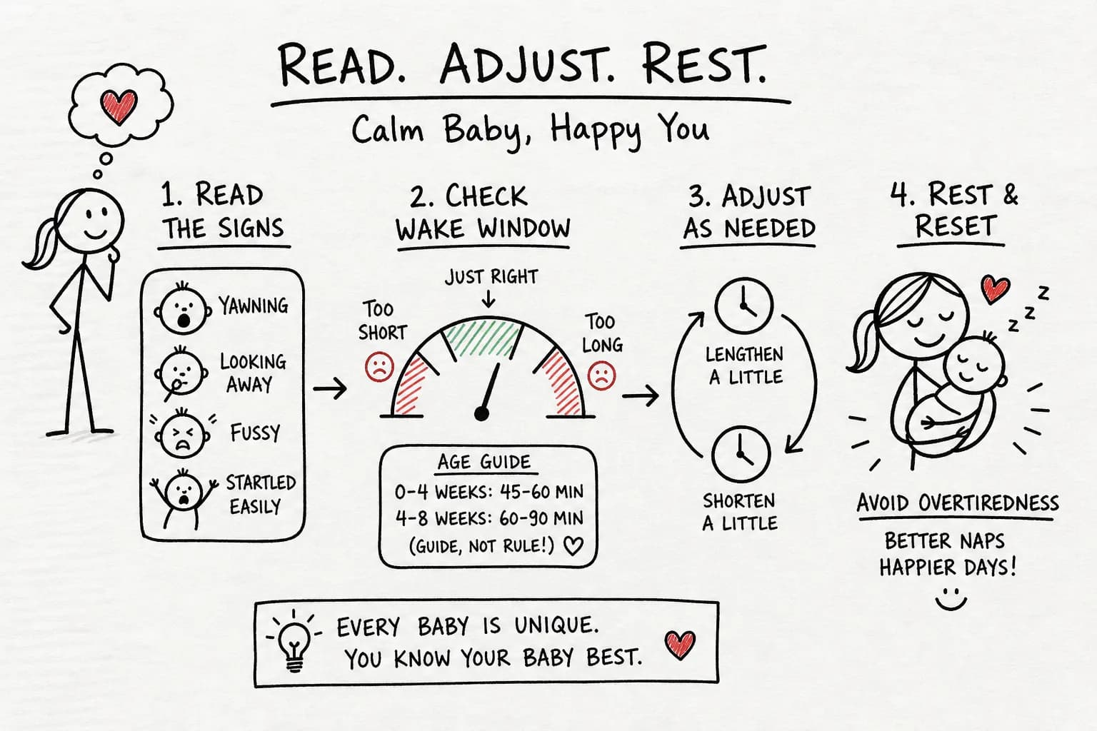 Hand-drawn guide showing sleepy cues, a wake-window gauge, timing adjustments, and a parent holding a baby.
