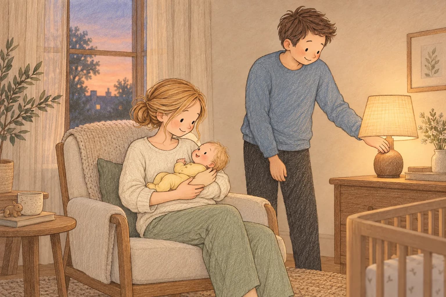 A mother cradles her awake newborn with head and body supported as the father adjusts an evening lamp.