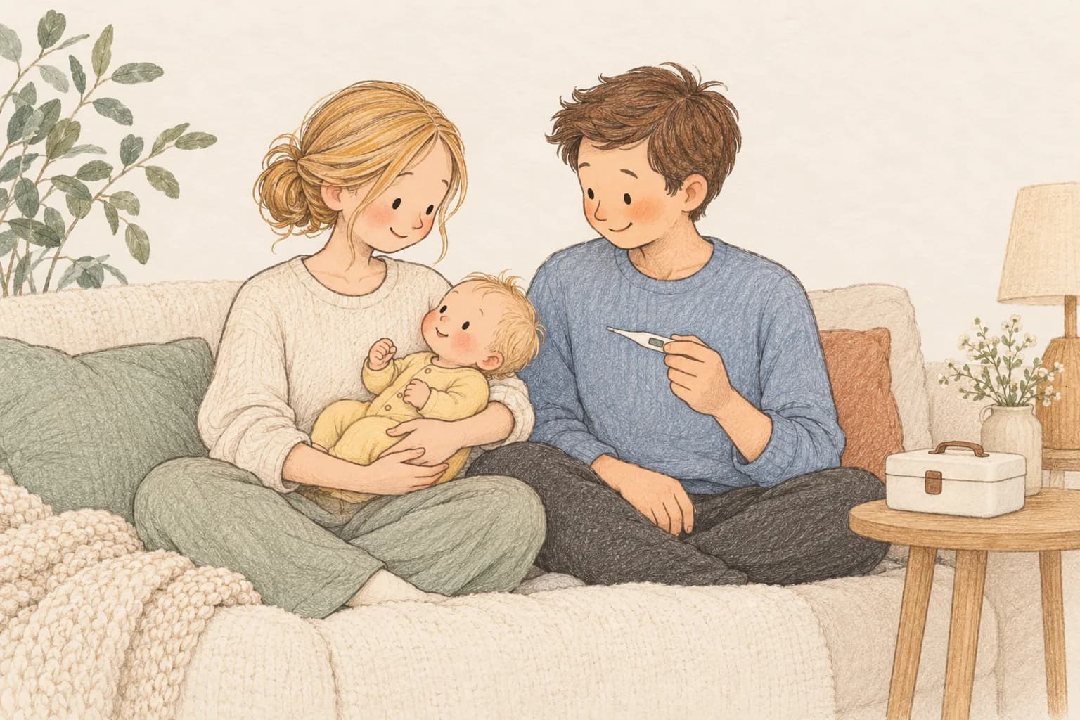 A mother supports her awake infant while the father holds a digital thermometer ready to use.