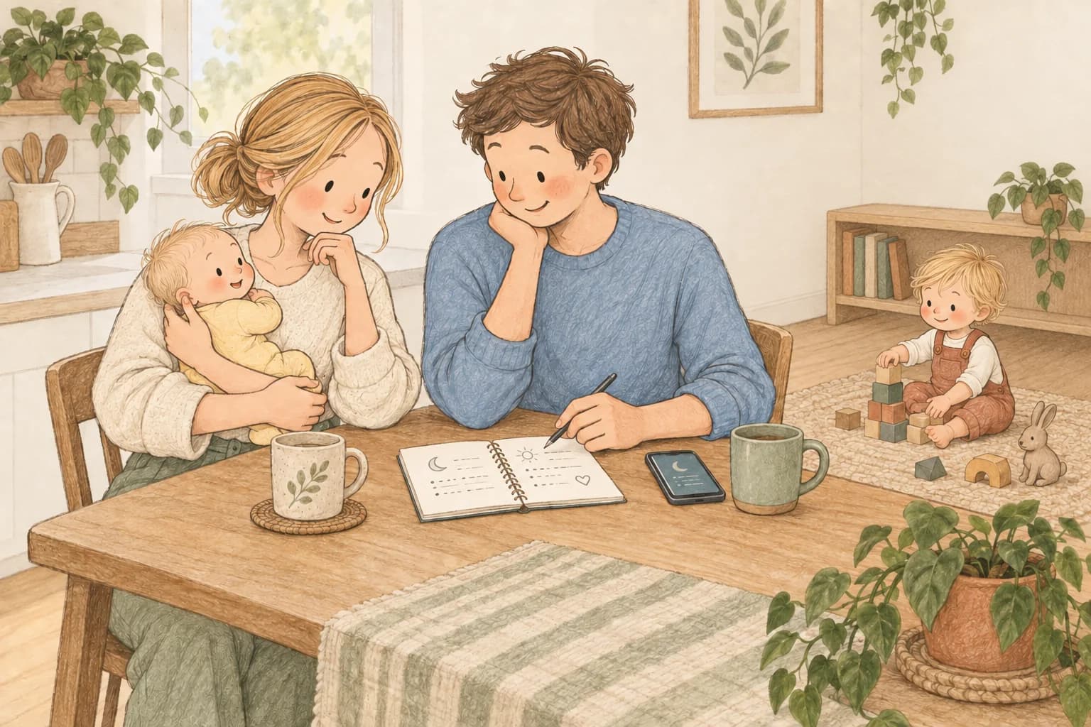 Parents review a sleep diary together while the mother holds their awake baby and a toddler plays nearby.