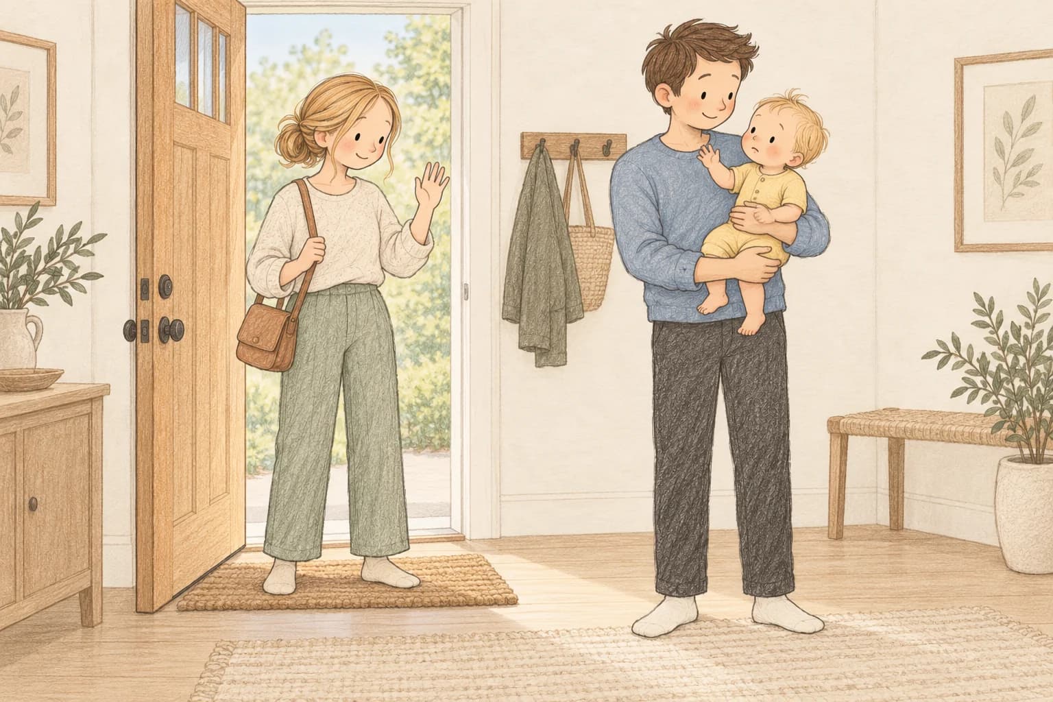 A mother waves goodbye at the doorway while the father securely holds their awake baby.