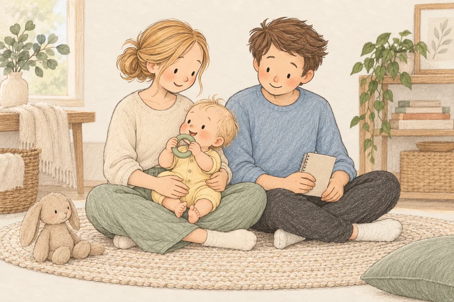 A mother supports her awake baby holding a plain teething ring while the father sits beside them with a notebook.