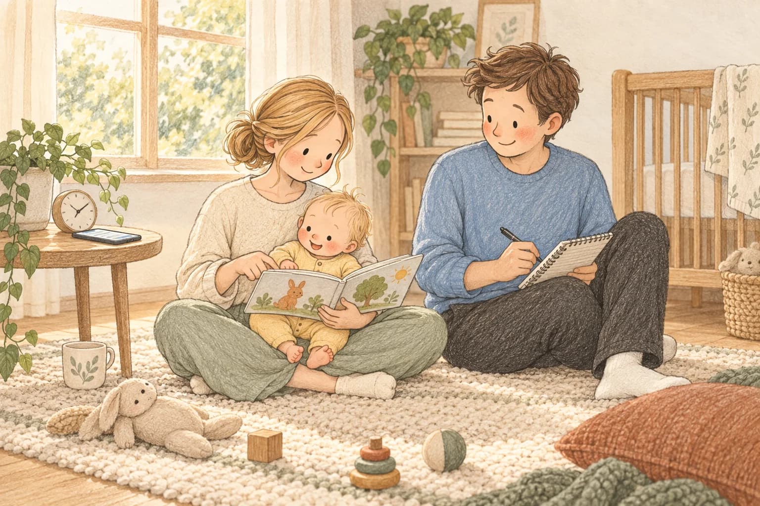 A mother reads with her awake baby while a father makes notes, with a phone and clock nearby.