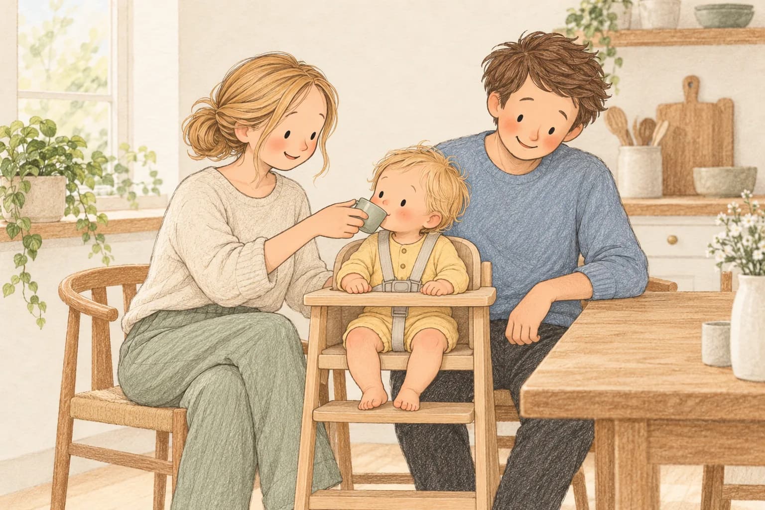 A mother helps her older baby sip from an open cup while the baby sits securely in a high chair.