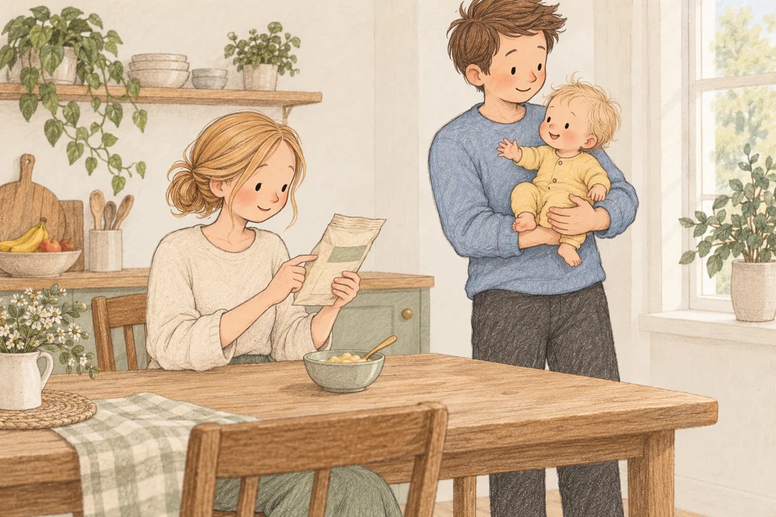 A mother checks a food label while the father safely holds their awake baby beside a family meal.