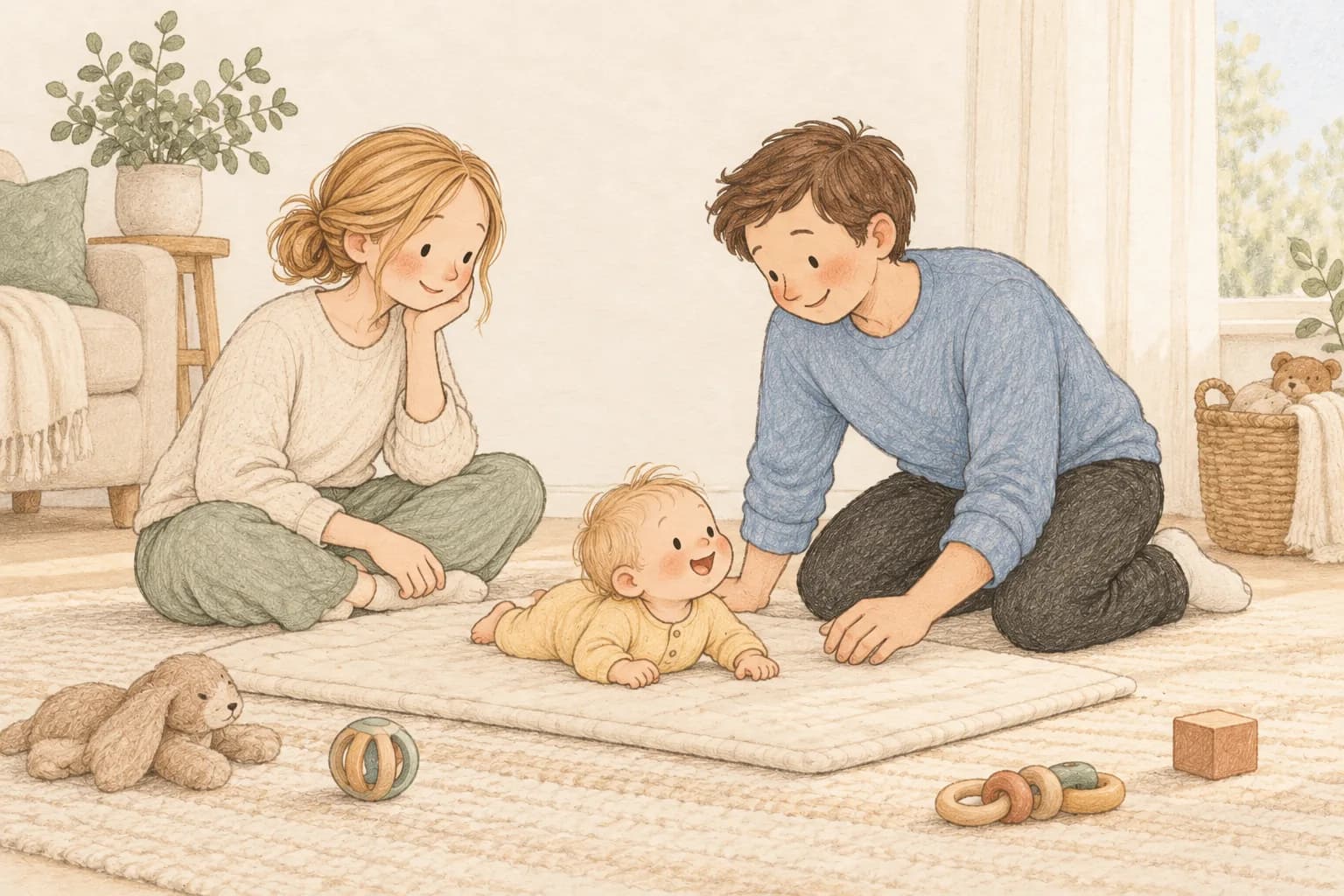 An awake baby practices tummy time on a floor mat while both parents watch closely.