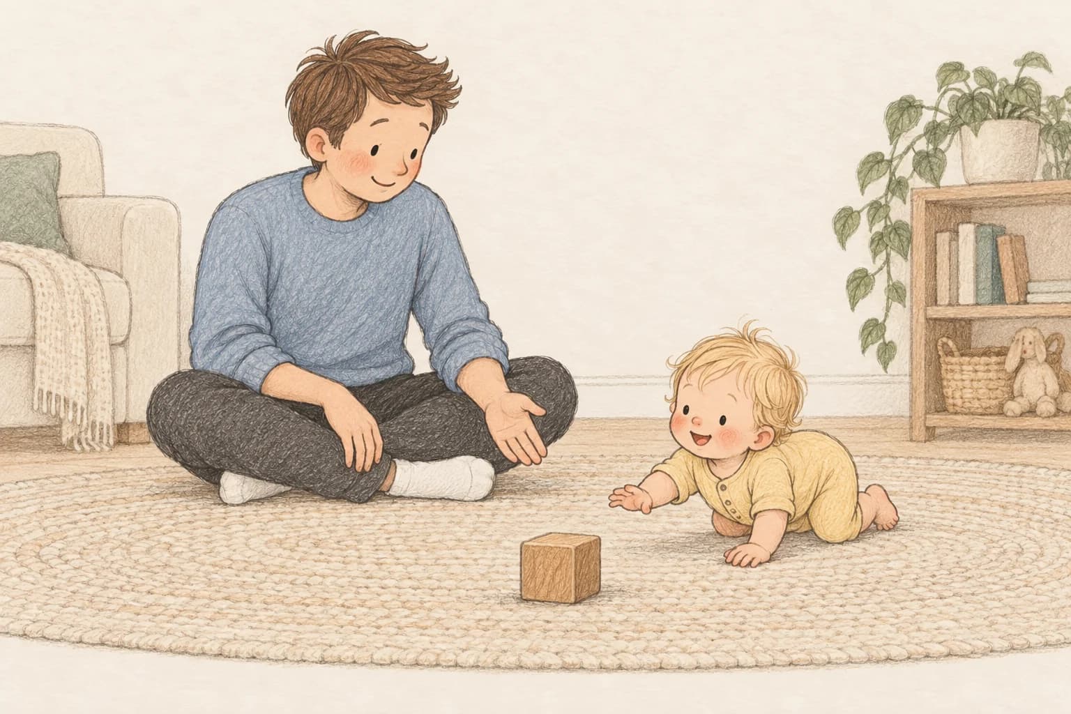 Storybook illustration of a baby exploring on hands and knees while their father encourages them nearby.