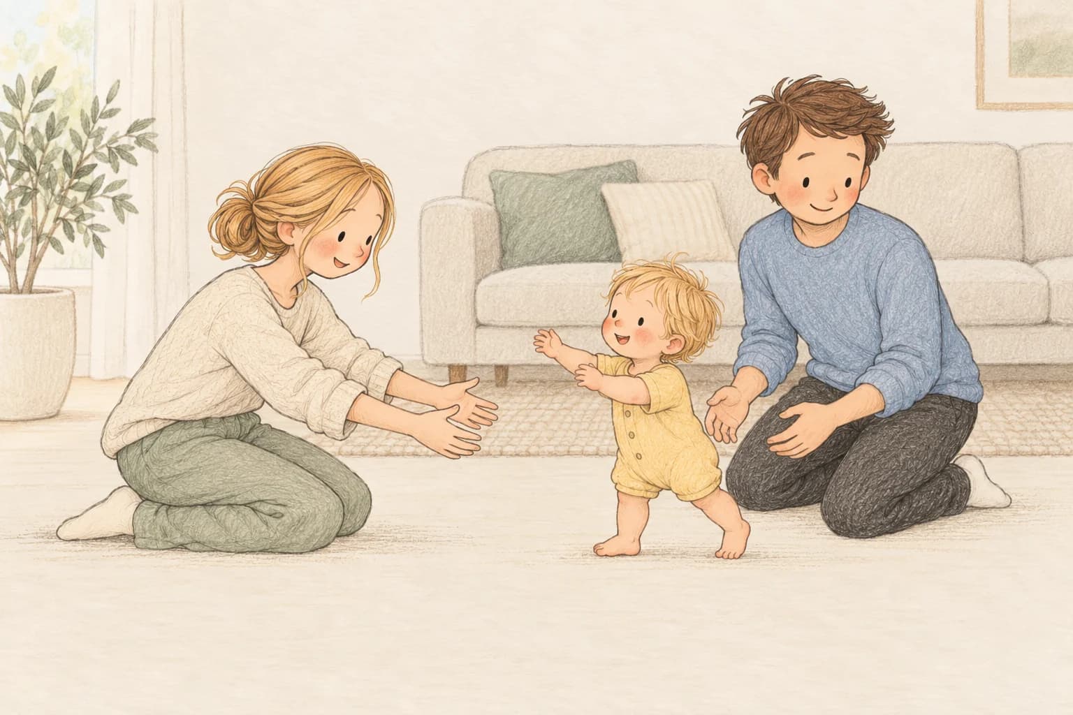 A barefoot baby takes a first step towards their kneeling mother while their father stays close behind.
