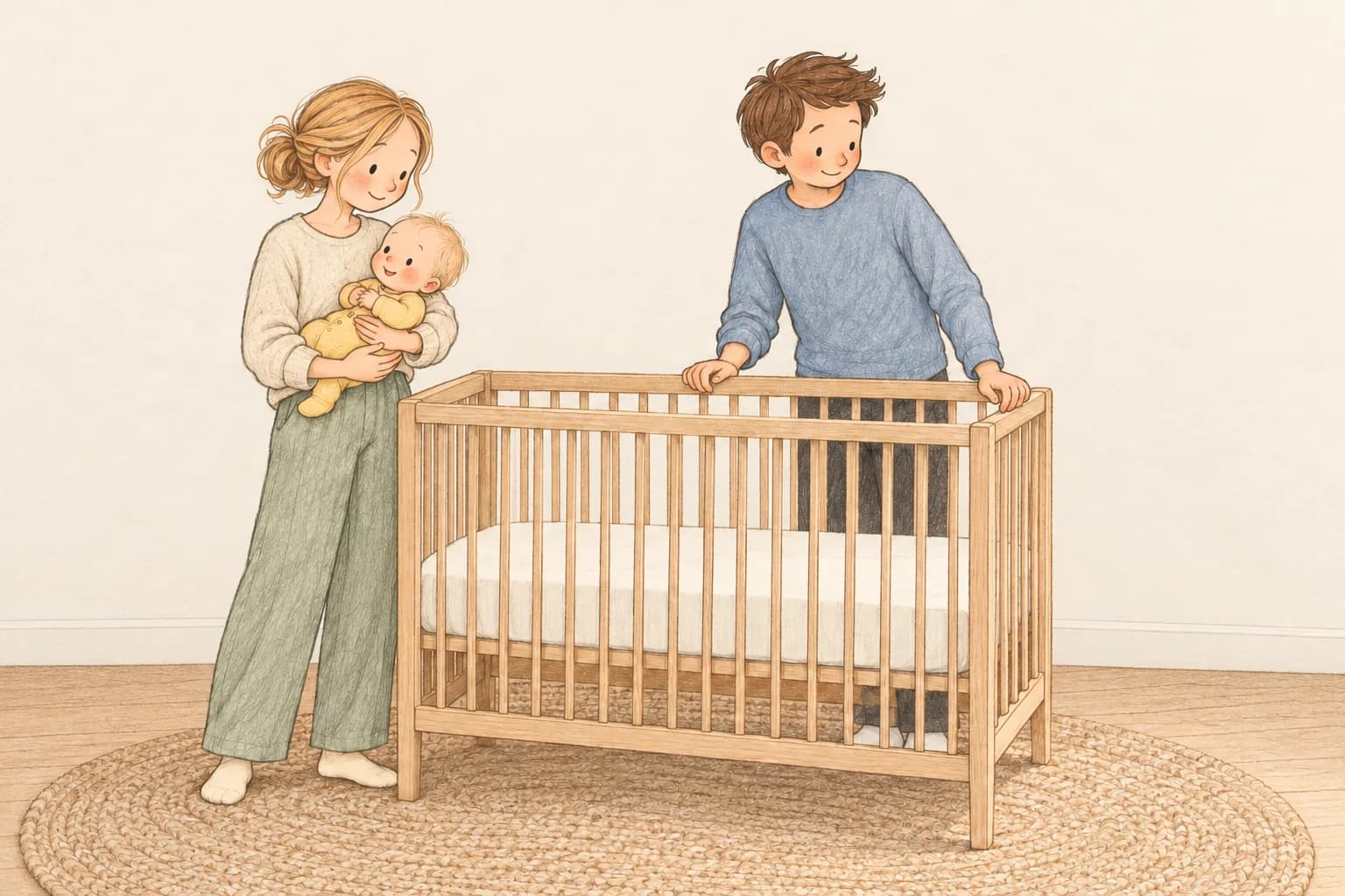 Parents prepare an empty wooden crib while the mother securely holds their awake baby.