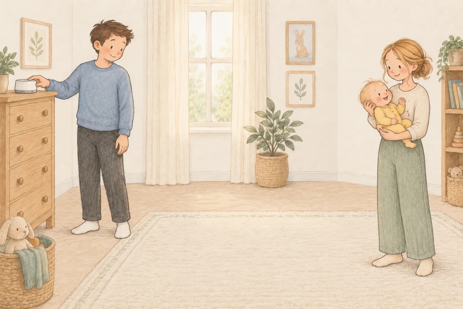 A father adjusts a sound machine across the room from a mother securely holding their awake baby.