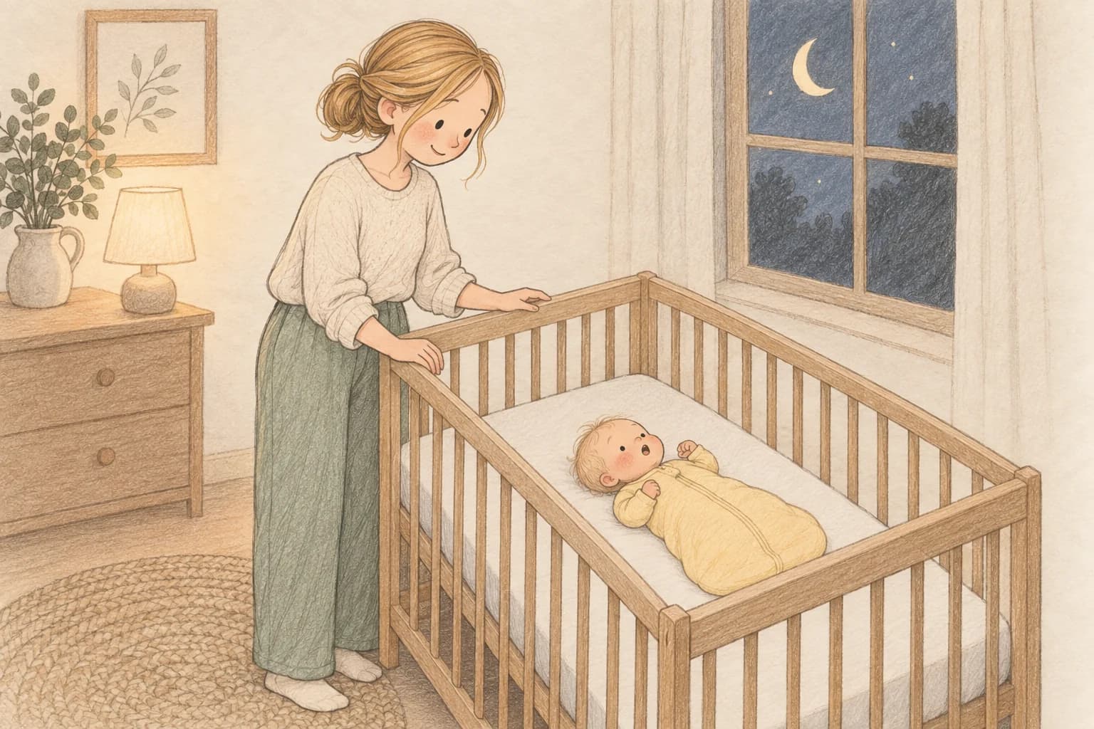 Storybook illustration of a mother watching her young baby lying on their back in a clear crib.